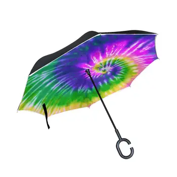 Gökkuşağı Batik Girdap Baskı Uzun Saplı Araba Ters Şemsiye Yağmur Kadınlar Anti-Uv Katlanır Ters Baş Aşağı Rüzgar Geçirmez Şemsiye