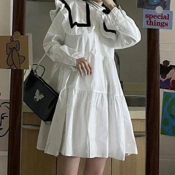 Japon Tatlı Beyaz Elbise Kadınlar için 2021 Bahar Yeni Donanma Tarzı Tasarım Gevşek Zayıflama Orta Uzunlukta Elbise