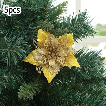5pcs Çiçek Yapay Ev 2023 Navidad İçin Ağaç Dekor Xmas Noel Glitter Yapay Poinsettia yılbaşı Ağaç Süs Xmas 