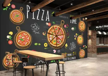 Özel restoran duvar kağıdı, El-boyalı karikatür lezzetli pizza, 3D duvar resimleri için cafe restaurant arka plan duvar PVC duvar kağıdı