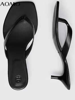 AOMO 2022 Yeni Moda Hakiki Deri Kare Kafa Flip Flop Kadınlar Basit Rahat Orta Topuk Ayakkabı Kadın Şık AZH57