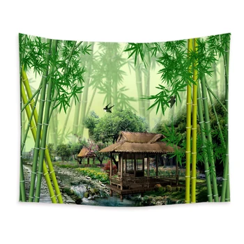 Yeşil Bambu Doğa Orman Goblen Duvar Asılı Kuş Pavilion Goblen Arka Plan Bez Tavan Oturma Odası Ev Dekorasyon