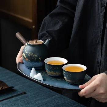 Seramik yan kol Pot çay seti Bir Pot İki Bardak Bambu çay tepsisi Flambe Kung Fu Çay Teaware Çin çay seti Mini Demlik