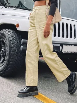 Celmia Düz Renk Streetwear düz Pantolon Yüksek Bel Gevşek Moda Kadın Pantalon Femme Casual Cepler Iş Giysisi Uzun Pantolon