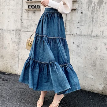 2020 Moda Yüksek Bel Kot kadın Yeni Retro Vintage Stil Kot Kadın Pilili Etek Maxi Uzun Etekler Bayan Kot Kadın