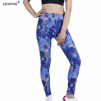 LJCUIYAO Yeni Pantolon Kadın Tayt Spor Yumuşak Tayt Yüksek Bel Rüya Mavi Çiçek Baskı Desen Spor Ayak Bileği Uzunlukta Elbise
