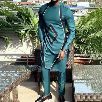 2023 Afrika Giysi Erkekler için Bahar Sonbahar Afrika Erkekler Uzun Kollu O-Boyun Polyester Yeşil İki Adet Setleri Üst ve Uzun Pantolon