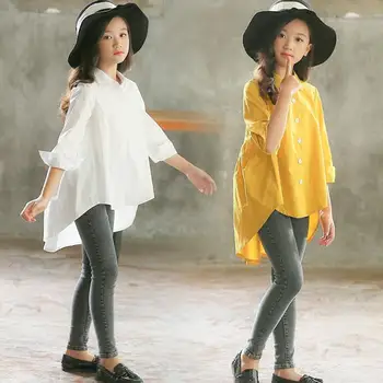 Yeni Koreli Çocuk Gömlek Gençler Bahar Üstleri Uzun Gömlek Genç Kızlar için 2021 Genç Beyaz Sarı Bluz 10 12 14 Yıl Giysi