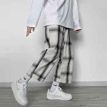 Damla esinlenen ile Erkekler için yaz Japon Ekose Pantolon-bacak Geniş Streetwear Pantolon Gevşek Düz Pantolon Moda Pantolon Erkek 