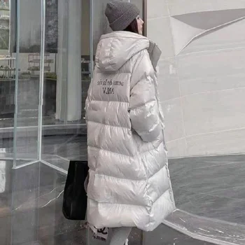 2021 Kış Gevşek Kapşonlu Beyaz Ördek uzun kaban Kadın Kalın şişme ceket kadınlar Uzun Palto Parka Kore Gevşek Sıcak Ceketler