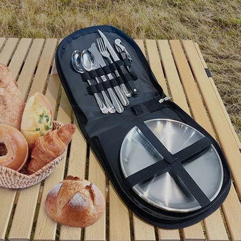 Açık Taşınabilir Sofra Seti Paslanmaz Çelik Piknik Çatal biftek bıçağı Kaşık Sofra Takımı Bez Tabak Yemek Takımı Seti Kamp Çantaları