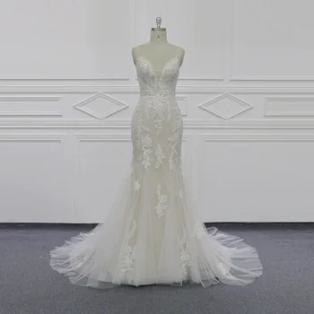 Vintage Mermaid düğün elbisesi El Yapımı Çiçekler Kraliyet Tren Aplikler Dantel gelinlikler Vestido de Noiva XF16148