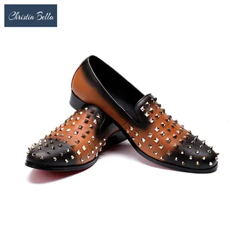 Christia Bella Patent Deri Erkek günlük mokasen ayakkabı Çivili Perçinler Çivili Elbise parti ayakkabıları Moda Bahar Sonbahar Kare Ayak Daireler