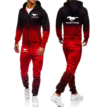 YENİ erkek hoodie Mustang araba logosu Baskı Bahar Sonbahar Degrade Rahat Pamuklu Yüksek kaliteli erkek ceket hoodie pantolon 2 Adet