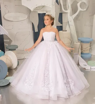 Yeni Varış Beyaz Çiçek Kız Elbise Dantel Tül İnciler Sheer Boyun Prenses Pageant elbise İlk Communion Elbise