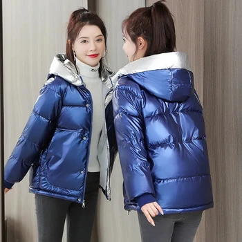 Kapşonlu Kış Parlak Kadınlar Sıcak Parkas Ceket Kalın Kore Moda Parlak Pamuk dolgulu giysiler Artı Boyutu Rahat Kapitone Mont