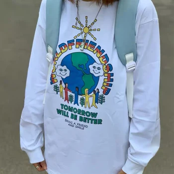 Calelinka Dünya Dostluk Sevimli Grafik Uzun Kollu Tees Ins Moda Hip Hop Toprak Baskı Komik Sonbahar Gömlek Büyük Boy pamuklu bluz
