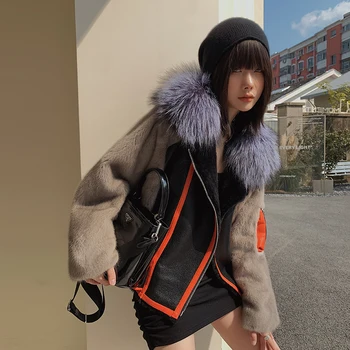 Ithal Gerçek Vizon Kürk Kış Ceket Kadınlar Dikiş Tilki Kürk Yaka Bombacı Ceket Hakiki Koyun Deri Ceket streetwear kadın