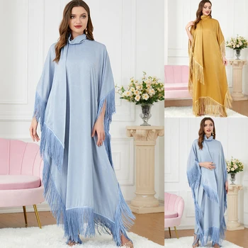 Abayas Kadınlar İçin Dubai 2022 Müslüman Moda Püskül Batwing Kollu uzun elbise Büyük Boy Fas Kaftan kadın Jalabiya Ramazan