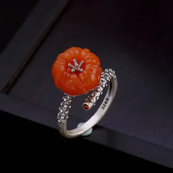 Amxiu El Yapımı Kırmızı Erik Çiçek Yüzük Ayarlanabilir Açık Yüzükler Doğal Akik 925 Ayar Gümüş Yüzük Kadın Yüzük Parmak Aksesuarları