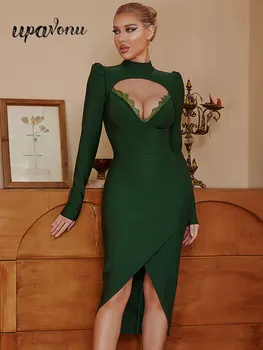 Seksi Kadınlar Yeşil Bandaj Elbise 2022 Yeni O-boyun Kabarcık Kollu Bodycon Hollow out Bölünmüş Midi Elbise Ünlü Akşam Parti Vesidos