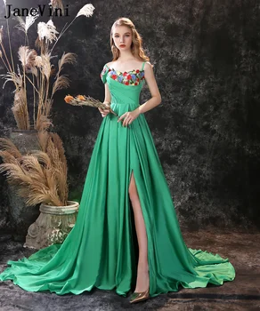 JaneVini Zarif Yeşil Şifon Nedime Elbiseler 2023 Kadınlar Seksi Bölünmüş Dantel Örgün Balo Elbise Dantel Bir Çizgi Düğün Törenlerinde