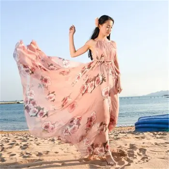Yeni Yaz Çiçek Uzun Şifon Maxi Elbise Elbisesi Boheemian ünlü mezuniyet gece elbisesi Plaj Nedime Sundress K19