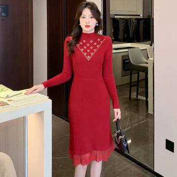 Yeni Sonbahar Kış Kadın Yüksek Yaka Kazak Taban Elbise Yüksek Kalite Moda Elmas Dantel Patchwork Hem Örme Elbise