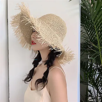 HUOXING07 Lady kadınlar casual tatil plaj Rafya hasır şapka Yaz güneş şapkası Güneş Koruyucu koruma kapağı kırpma panama kap gorros