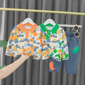 2022 Sonbahar Bebek Erkek Seti Karikatür Uzun Kollu Yaka yakalı tişört + Denim Kot günlük pantolon Çocuk Kıyafet Çocuklar 2 Adet Takım Elbise