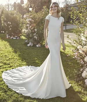 Zarif Mermaid düğün elbisesi 2021 O-Boyun Cap Sleeve Aplikler Sequins Backless Saten Sweep Tren gelin kıyafeti Vestidos De Noiva
