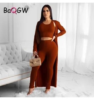 BaQGW Kadın Kırpma Üst + Uzun Ceket + Tayt Üç Adet Setleri Sonbahar Giysileri Ev Takım Elbise Kadın Giyim Büyük Boy Rahat Kıyafetler