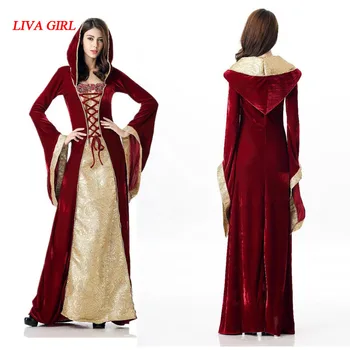 Cadılar bayramı Kostüm Kadınlar için Retro Victoria Rönesans Ortaçağ Trompet Kollu Kapşonlu Elbise Elbise