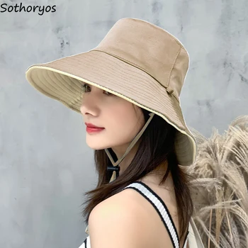 Yaz Büyük Ağız Kova Şapka Kadınlar Katı Basit Güneş Koruma Balıkçı Kapaklar Moda Çift taraflı Sunbonnet Ins Japon Tarzı