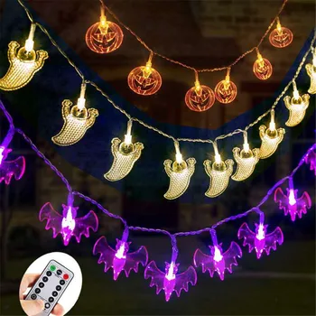 Cadılar bayramı dekorasyon ışıkları 3 Set pil kumandalı peri ışıkları 20/40 LEDS kabak yarasa hayalet dize ışıkları uzaktan kumanda ile