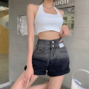 Kore Siyah Gri Patchwork Hemming Degrade Kot Kadın 2021 Yaz Yüksek Bel Hollow Out Cepler Şort Sıcak Gevşek kısa pantolon