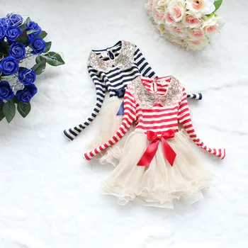 Popüler Kız Toddler Sequins dantel yaka çizgili peçe Parti Tutu elbise YF063