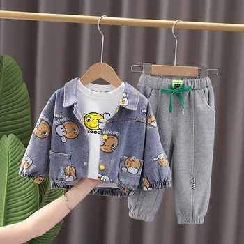 Moda Pamuklu denim ceket + Gömlek + Pantolon 3 adet Çocuk Erkek Kız spor elbise Bebek Erkek Giysileri Setleri Bahar Sonbahar Yeni Çocuklar