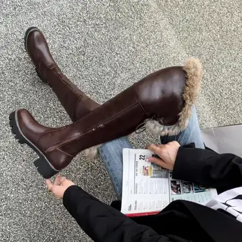 Kahverengi Kar Botları Kızlar Kışlık Botlar kadın ayakkabısı Kalın Topuklu Platformu Yüksek Tüp Çizmeler Kısa Peluş Over-the-diz Uzun Çizmeler