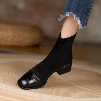 Kadın Ayakkabı Çizmeler Ayak Bileği Bahar Hakiki Deri Yüksek Topuklu Kadın Lüks Rahat Örme Platformu Kalın Tabanlı Kısa patik
