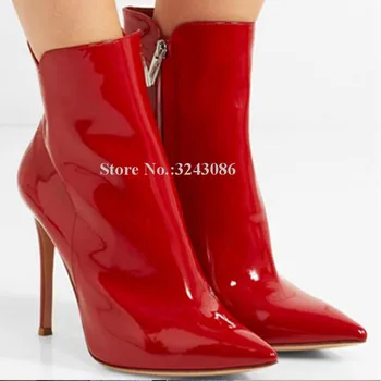 Yeni Kırmızı Renk Patent Deri yarım çizmeler Bayan Seksi Sivri Burun Moda Stiletto Topuklu kısa Çizmeler Kadın Büyük Boy Düğün Ayakkabı