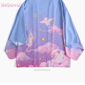 Sıcak Satış Gevşek Mor Kawaii Kediler Baskı Kadın Erkek Harajuku Haori Japon Streetwear Hırka Kimono Cosplay Bluz Üst Yukata