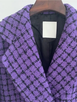 Moda Eğlence Sonbahar Kış Elbise Setleri Kum * Yeni Fransız Zarif Çift Sıralı Düğme Ekose Çentikli Yaka Ceket + Yarım Etek Takım Elbise